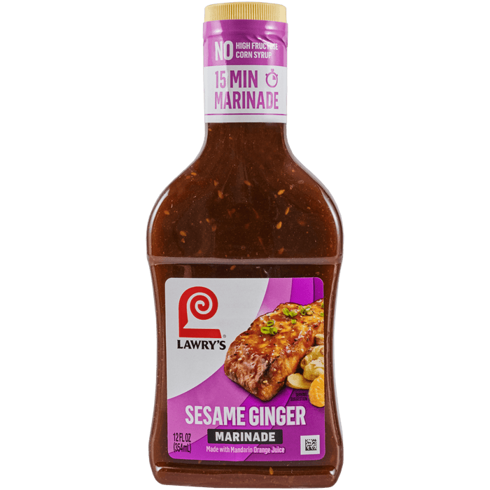 A bottle of Lawry's Sesame Ginger Marinade, a marinade made with mandarin orange juice.