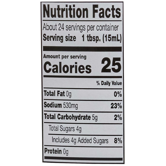 This is a nutrition facts label showing that one tablespoon contains 25 calories, 0g of fat, 500mg of sodium, 6g of carbohydrates, 4g of sugar, and 0g of protein.
