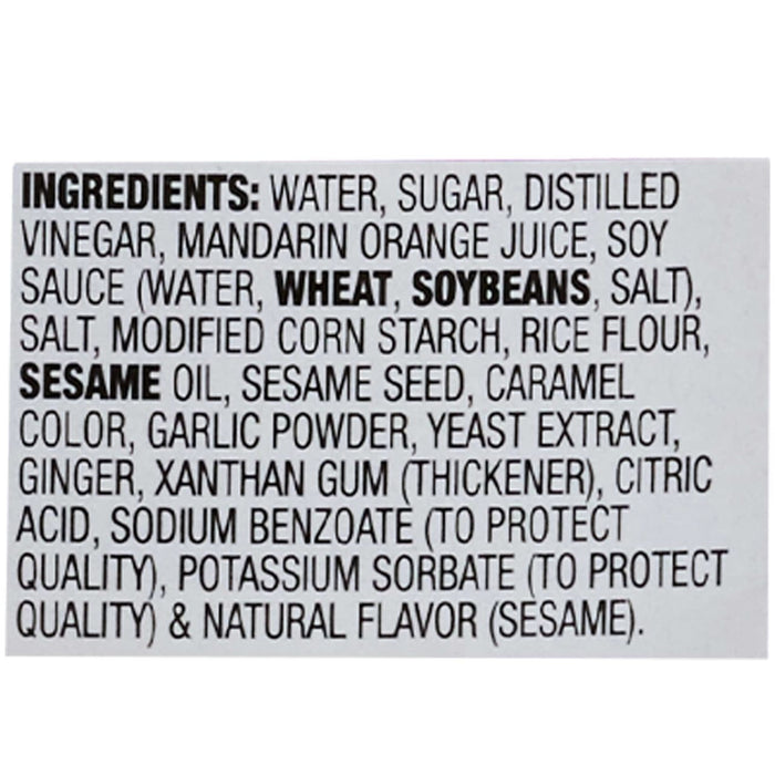 The image shows the ingredient list for a food product, including water, sugar, distilled vinegar, mandarin orange juice, soy sauce, and sesame oil.