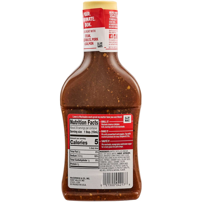 A bottle of Lawry's Steak &amp; Chop Marinade with nutrition facts and ingredients listed on the label.