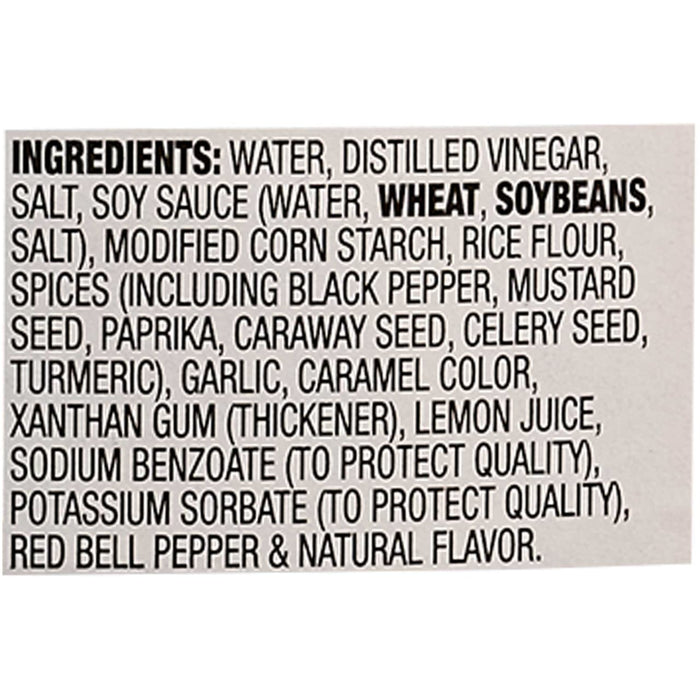 A list of ingredients for a product, including water, distilled vinegar, salt, soy sauce, modified corn starch, rice flour, spices, garlic, and natural flavor.