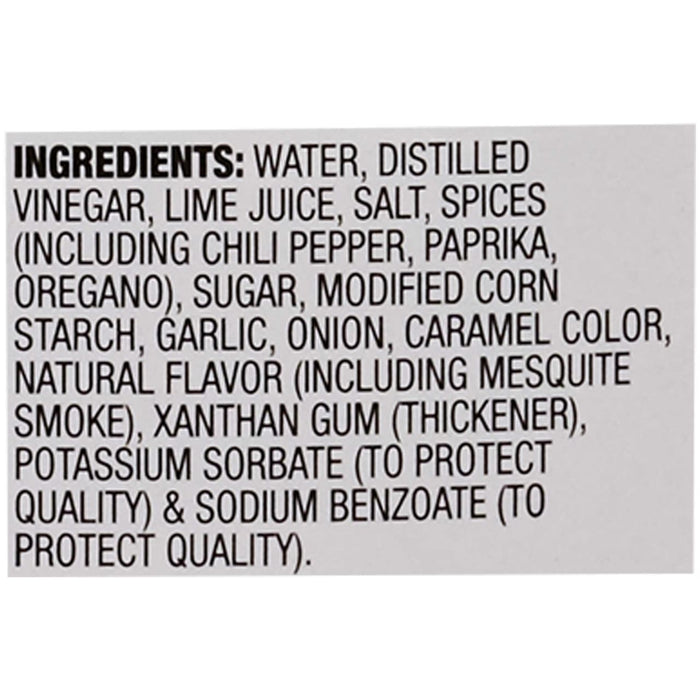 The image shows the ingredient list for a food product, including water, distilled vinegar, lime juice, salt, spices, sugar, and other additives.