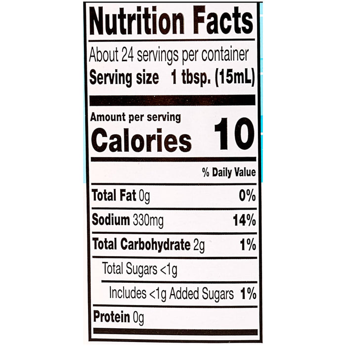 A nutrition facts label shows that one tablespoon serving contains 10 calories, 330mg of sodium, and 2g of carbohydrates.
