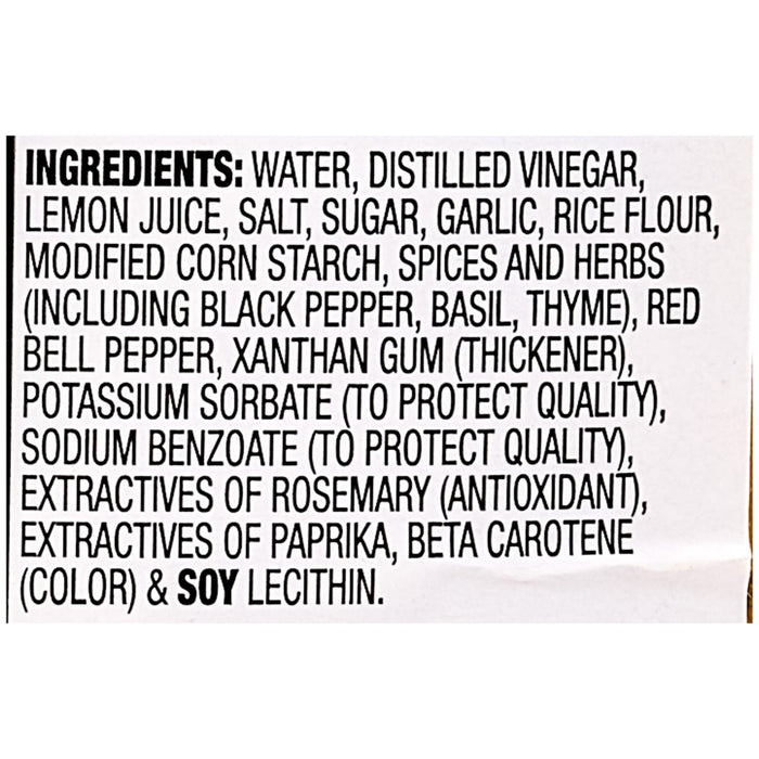 The image shows the ingredient list for a food product, including water, distilled vinegar, lemon juice, salt, sugar, garlic, and various spices and herbs.