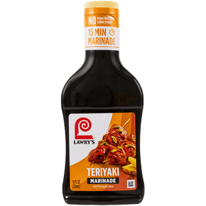 A bottle of Lawry's Teriyaki Marinade with Pineapple Juice is shown.
