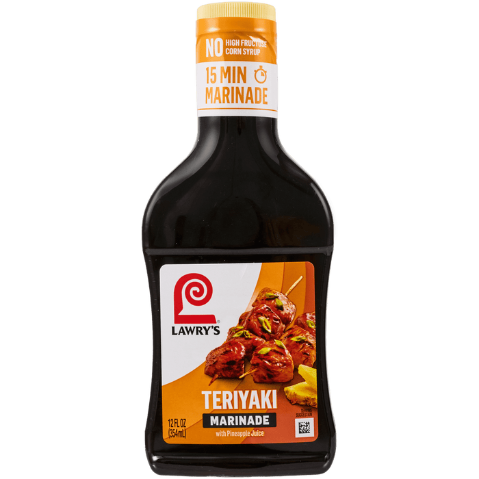A bottle of Lawry's Teriyaki Marinade with Pineapple Juice is shown.