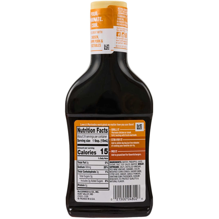 A bottle of Soy Vay Veri Veri Teriyaki Marinade &amp; Sauce shows its nutrition facts label.