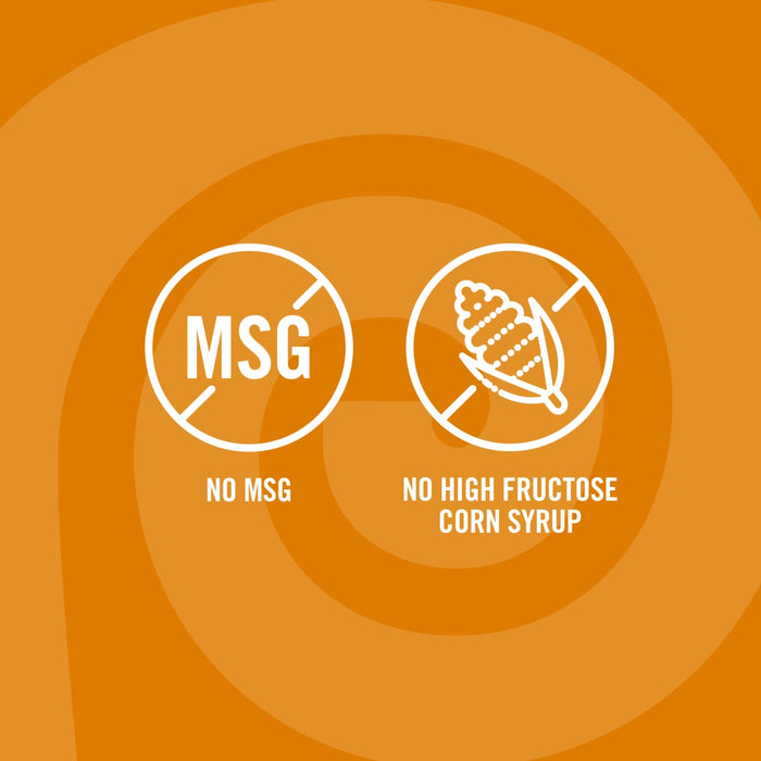 ['Two white icons on an orange background, one says no MSG and the other says no high fructose corn syrup.']