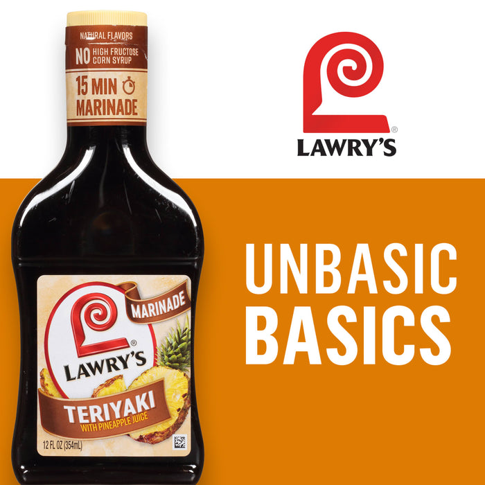 ["A bottle of Lawry's Teriyaki marinade with pineapple juice."]
