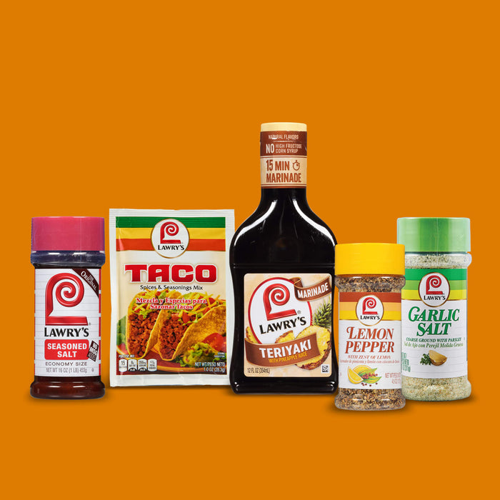 ["Lawry's Seasoned Salt, Taco Seasoning Mix, Teriyaki Marinade, Lemon Pepper and Garlic Salt."]
