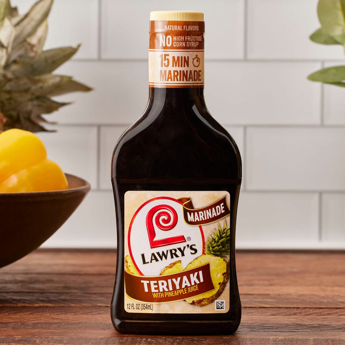 ["A bottle of Lawry's Teriyaki marinade with pineapple juice."]