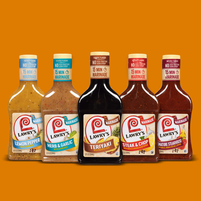 ["Six bottles of Lawry's marinade in different flavors."]