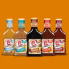 ["Six bottles of Lawry's marinade in different flavors."]