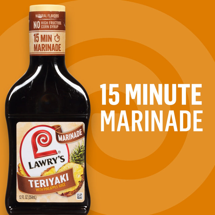 ["A bottle of Lawry's Teriyaki marinade with pineapple juice, with a 15-minute marinade time."]