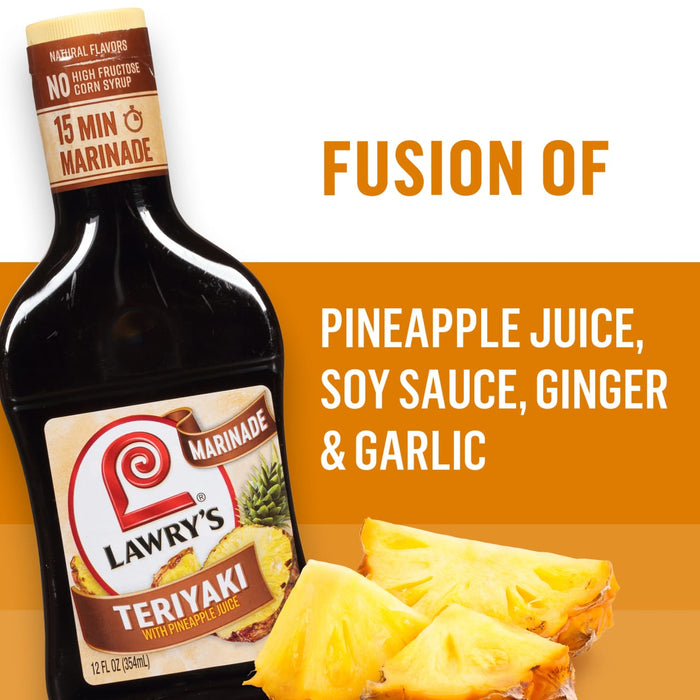 ["A bottle of Lawry's Teriyaki Marinade with pineapple juice, soy sauce, ginger, and garlic, with pineapple slices in the foreground."]