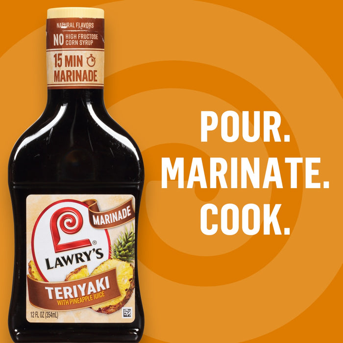 ["A bottle of Lawry's Teriyaki marinade with pineapple juice."]
