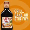["A bottle of Lawry's Teriyaki marinade with pineapple juice, with the text 'Grill, Bake, or Stir-Fry' in the background."]