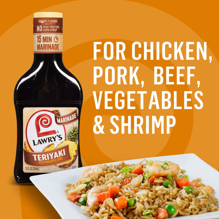 ["A bottle of Lawry's Teriyaki marinade with pineapple juice next to a plate of fried rice with shrimp, vegetables, and green onions."]