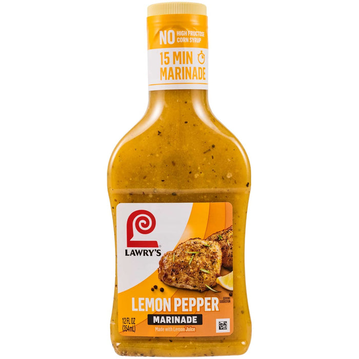 A bottle of Lawry's Lemon Pepper marinade with lemon juice.
