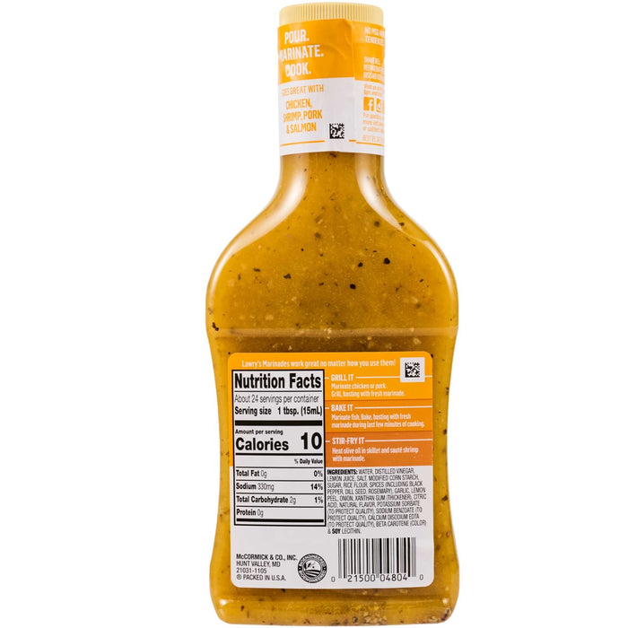 A bottle of Lawry's Lemon Pepper Marinade with nutrition facts and ingredients listed on the label.
