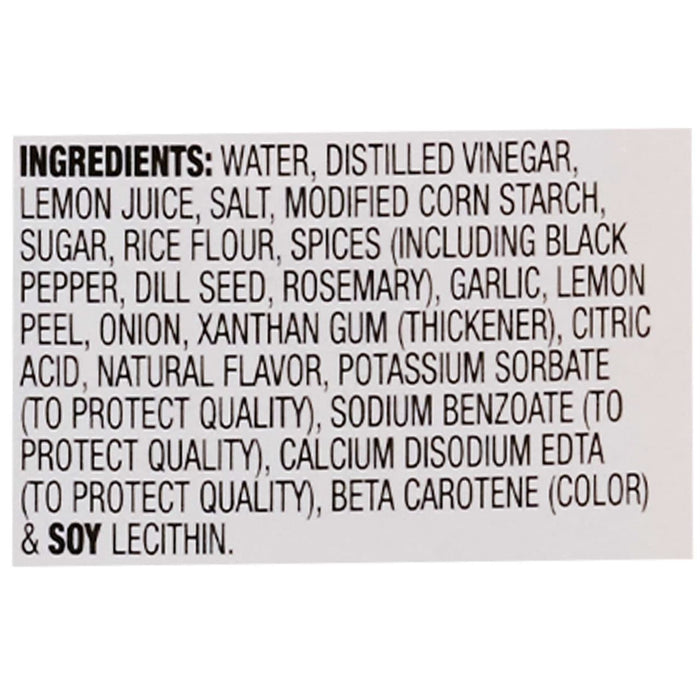 A list of ingredients for a product, including water, distilled vinegar, lemon juice, salt, modified corn starch, sugar, rice flour, spices, and more.