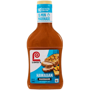 A bottle of Lawry's Hawaiian Marinade, made with real pineapple and tropical fruit juices, with no high fructose corn syrup.