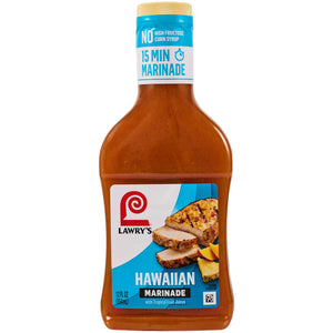 A bottle of Lawry's Hawaiian Marinade is shown, highlighting its use for flavoring meat.