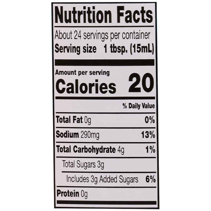 This is a nutrition facts label showing that one tablespoon contains 20 calories, 1 gram of fat, 290mg of sodium, 4 grams of carbohydrates, 3 grams of sugar, and 1 gram of protein.