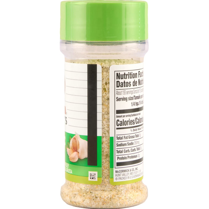 ['A McCormick Garlic &amp; Herb Seasoning jar with nutrition facts label.']
