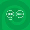 The image shows two circular icons on a green background, one indicating No MSG and the other indicating Kosher.