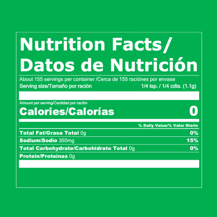 ['Nutrition facts label for a product with 0 calories, 0g fat, 350mg sodium, 0g carbohydrates, and 0g protein.']