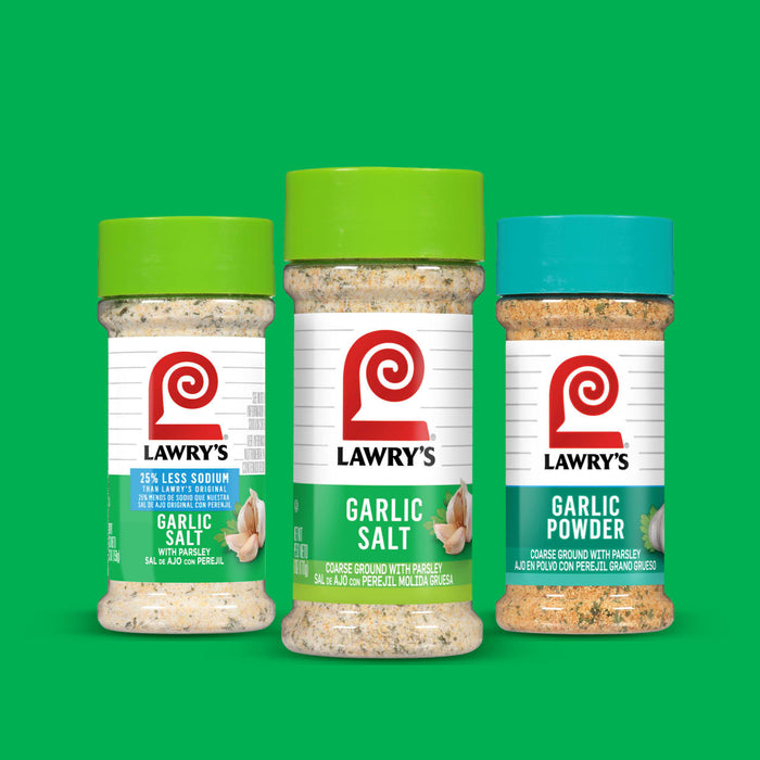 ["Three Lawry's spice jars, one with garlic salt, one with garlic salt with 25% less sodium, and one with garlic powder."]