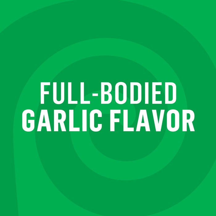 ['White text on a green background with a swirl pattern reads Full-bodied Garlic Flavor.']