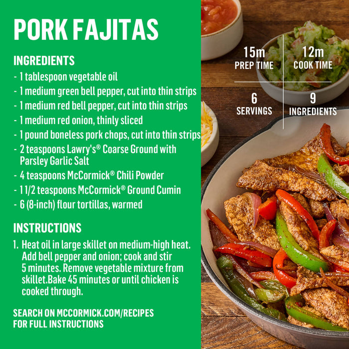 ['A recipe for McCormick Pork Fajitas with ingredients, instructions, and prep and cook times.']