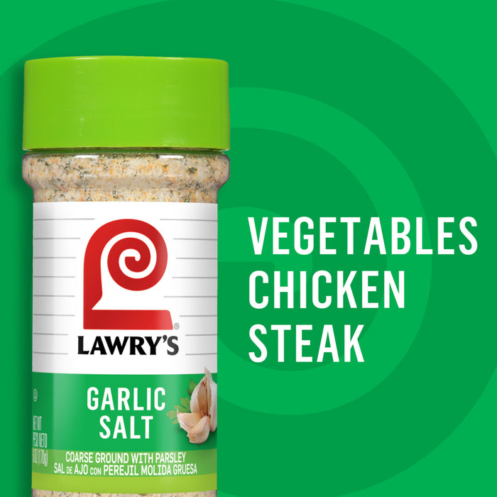 ["A jar of Lawry's Garlic Salt with a green lid and a white label."]