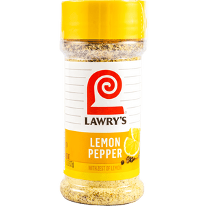 A container of Lawry's Lemon Pepper seasoning with zest of lemon.