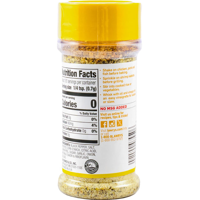 A container of Lawry's seasoning blend with a nutrition facts label and usage suggestions.