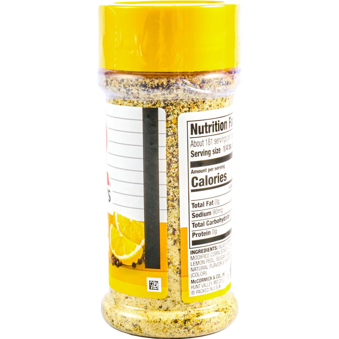 A container of McCormick Lemon &amp; Herb Seasoning with a nutrition facts label.