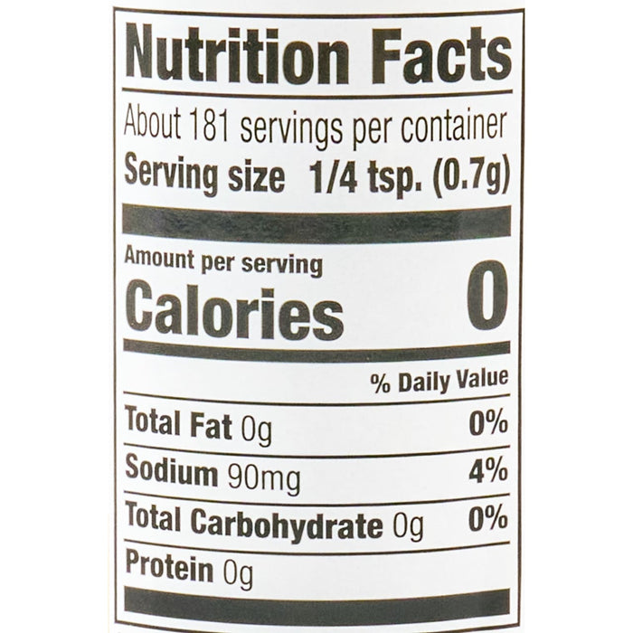 This image shows the nutrition facts label with a serving size of 1/4 tsp. (0.7g) and 0 calories.