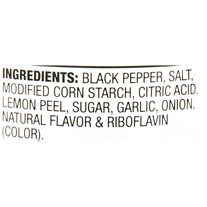 The image shows a list of ingredients including black pepper, salt, modified corn starch, citric acid, lemon peel, sugar, garlic, onion, natural flavor, and riboflavin (color).