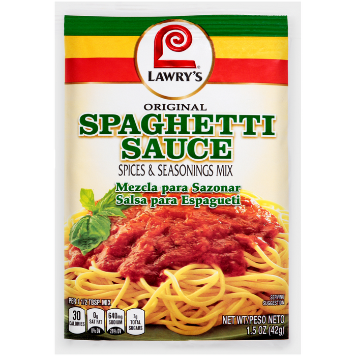 A packet of Lawry's Original Spaghetti Sauce spices and seasonings mix.