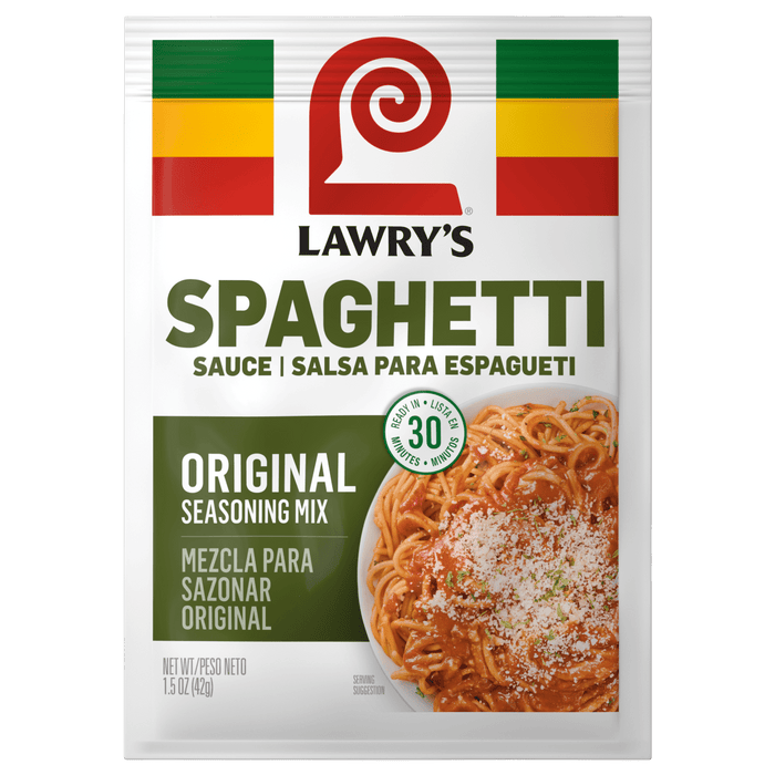 A packet of Lawry's Original Spaghetti Sauce spices and seasonings mix.