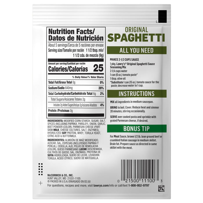 The image shows the back of a McCormick Original Spaghetti Sauce Mix packet, including nutrition facts and instructions.