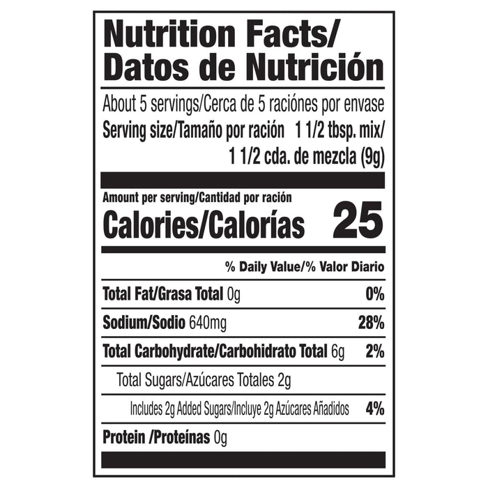 This is a nutrition facts label showing that one and a half teaspoons of mix contains 25 calories, 0g of fat, 470mg of sodium, 6g of carbohydrates, 2g of sugar, and 0g of protein.