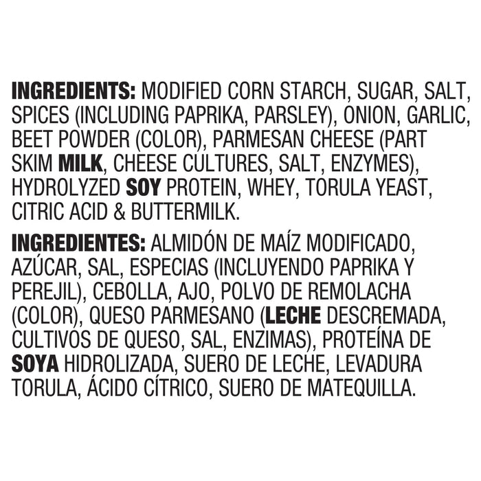 The image shows an ingredients list that includes modified cornstarch, sugar, salt, spices, parmesan cheese, hydrolyzed soy protein, whey, torula yeast, citric acid, and buttermilk.