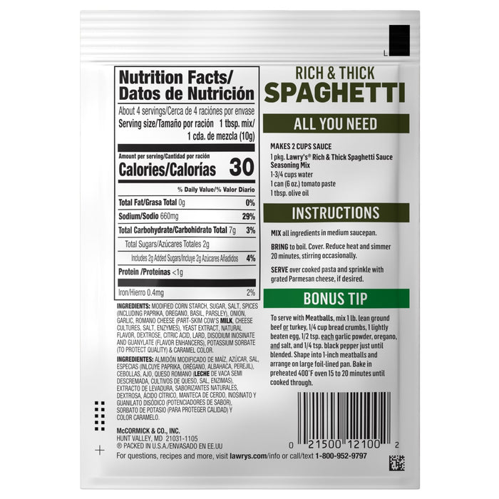 This is the packaging for Rich &amp; Thick Spaghetti, providing nutrition facts and cooking instructions.