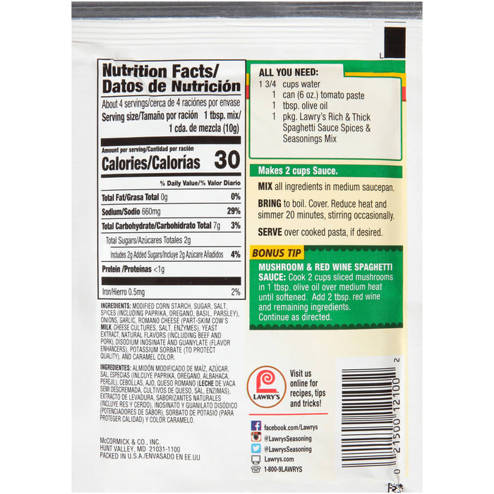 ["Lawry's Spaghetti Sauce Spices &amp; Seasonings Mix nutrition facts and instructions for preparing a mushroom and red wine spaghetti sauce."]