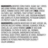 The image displays a list of ingredients in both English and Spanish, including modified corn starch, sugar, salt, spices, Romano cheese, yeast extract, and caramel color.