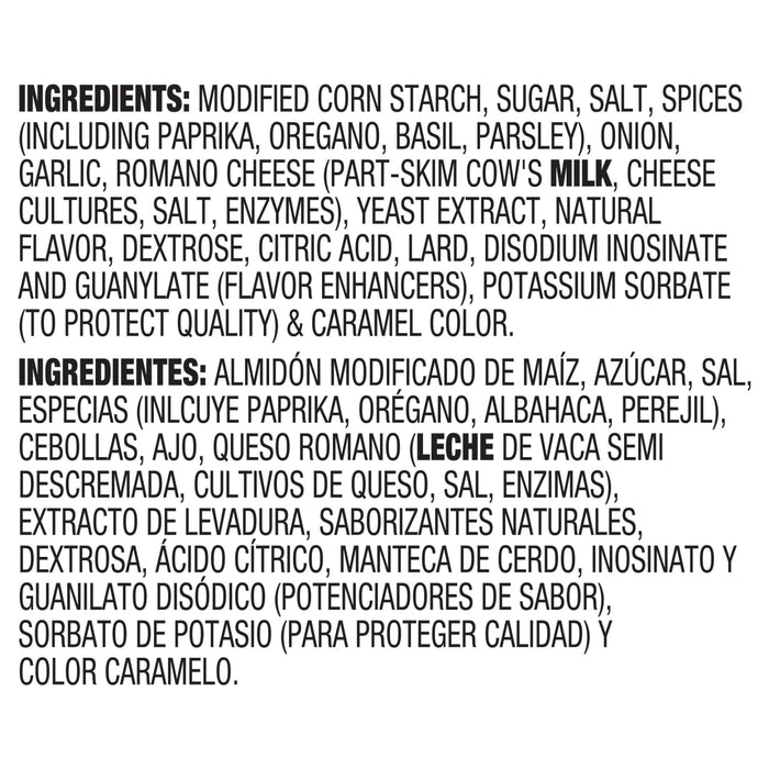 The image displays a list of ingredients in both English and Spanish, including modified corn starch, sugar, salt, spices, Romano cheese, yeast extract, and caramel color.