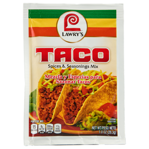 ["A Lawry's Taco Spices &amp; Seasonings Mix packet with a picture of tacos on the front."]
